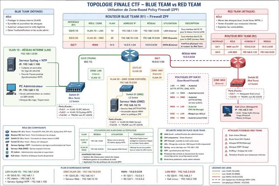 Schéma de topologie réseau du CTF Blue Team : LAN, DMZ et segmentation VLAN