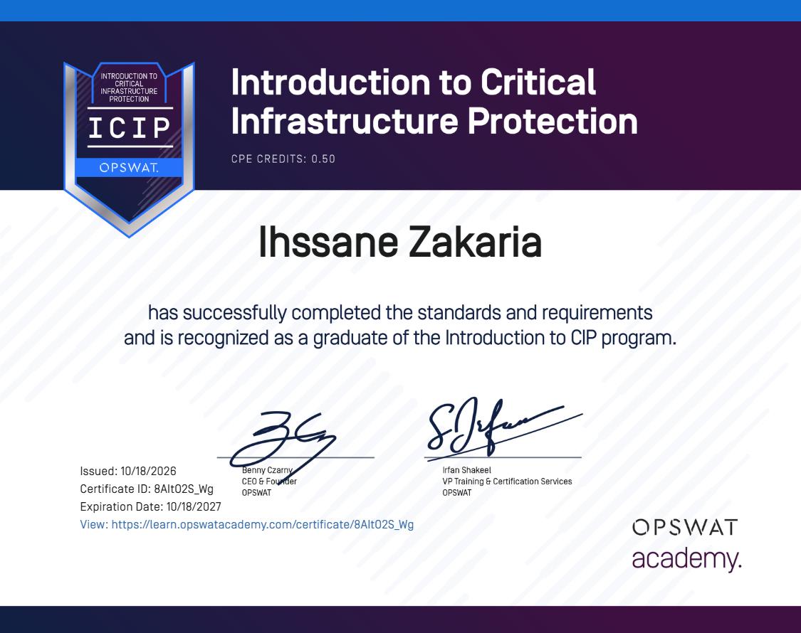 Certificat OPSWAT — Introduction to Critical Infrastructure Protection